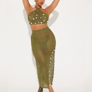 Fashion Nova Olive Green Crochet Skirt Set Sz M